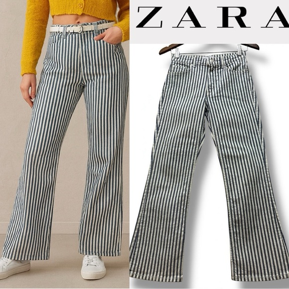 287 ZARA | EUC Serbia Blue Off - White Striped High Rise Flare Jeans (Size 2) - Picture 1 of 13